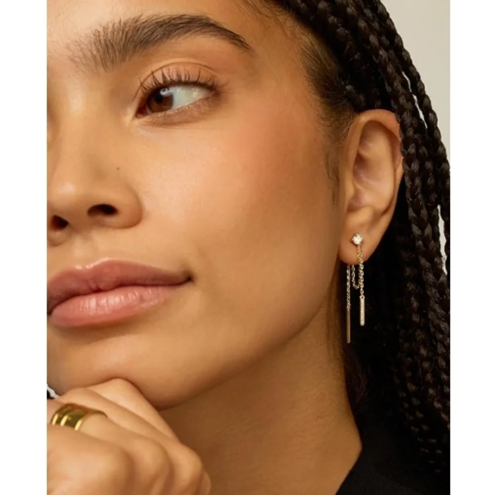 18K Gold Plated Sterling Silver Posts Drop Dangle Chain CZ Earrings White Gold